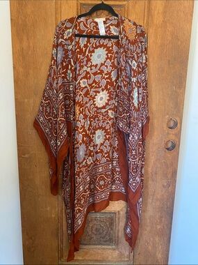 Free People Magic Dance duster shawl floral rust brown blue free size